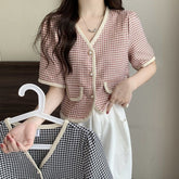 Short Sleeve Elegant Houndstooth Blouse